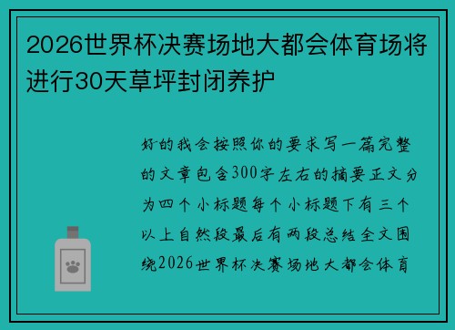 2026世界杯决赛场地大都会体育场将进行30天草坪封闭养护 2026世界杯决赛场地大都会体育场将进行30天草坪封闭养护